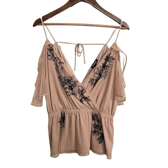 Express Womens Beige Floral Embroidered Mesh Layered Cold Shoulder Blouse Large - Picture 1 of 7